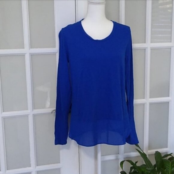 NWOT A.N.A High Low Blue Long Sleeve Sheer Back Top - Picture 1 of 10